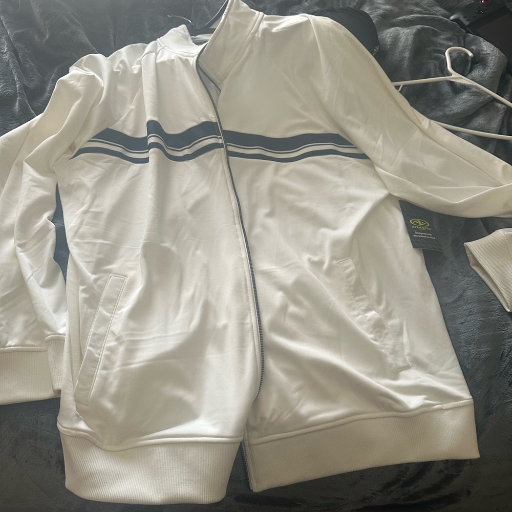 White Track Jacket with Blue Stripes